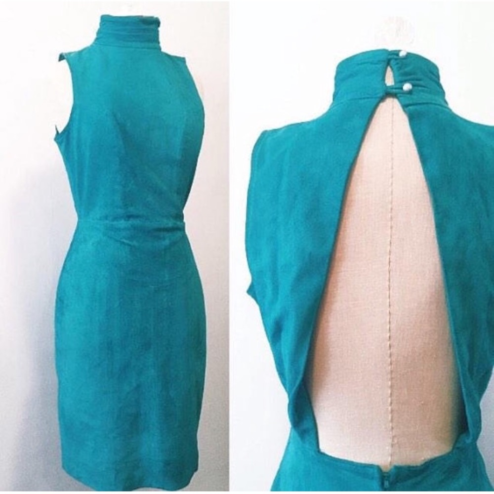 Vintage Teal Suede Open Back / High Neck Dress